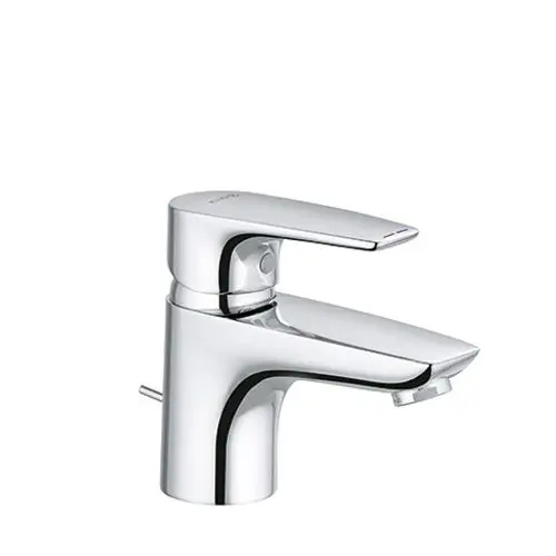 Chromfarbener Waschtischarmatur von Kludi mit einem schlichten Design und einem Hebel für die Wassersteuerung. Metallablauf ist integriert.